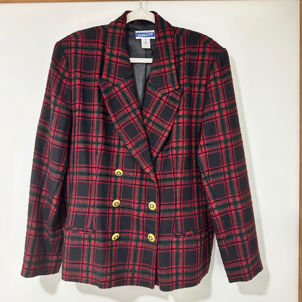 Pendleton Vintage Wool Blazer Womens 18 Red Plaid Double Breasted USA